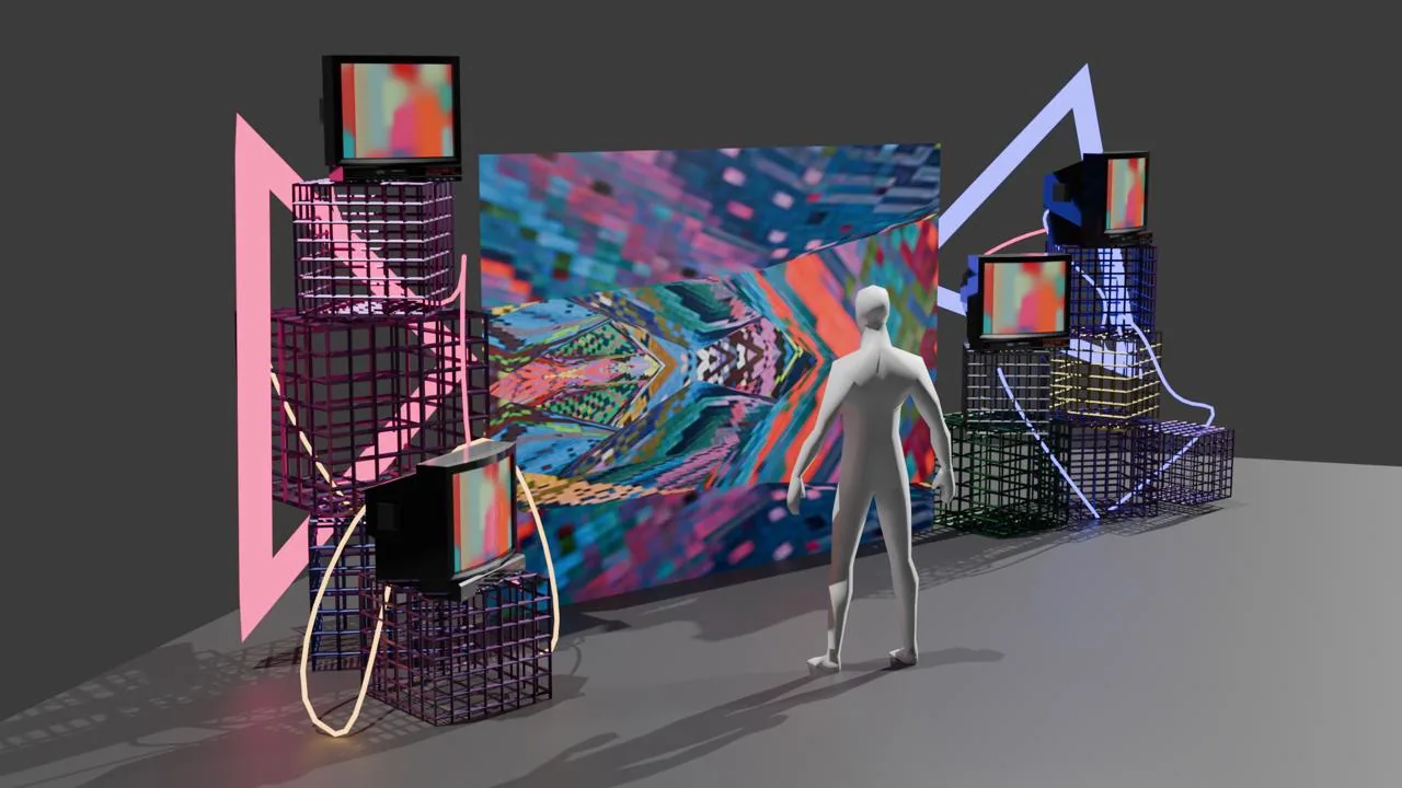 Rendered concept study of the CRT arrangement facing a projected wall.