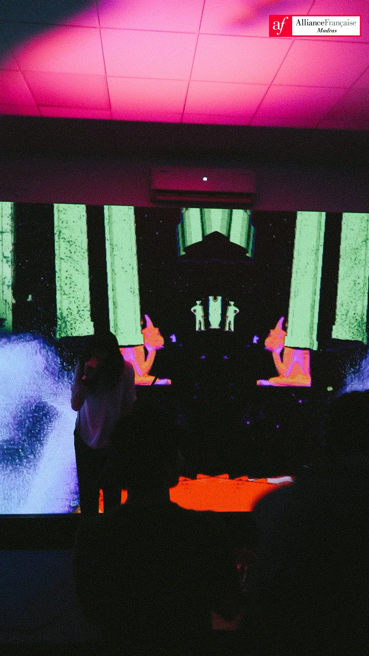 Musician performing within a saturated visual environment.