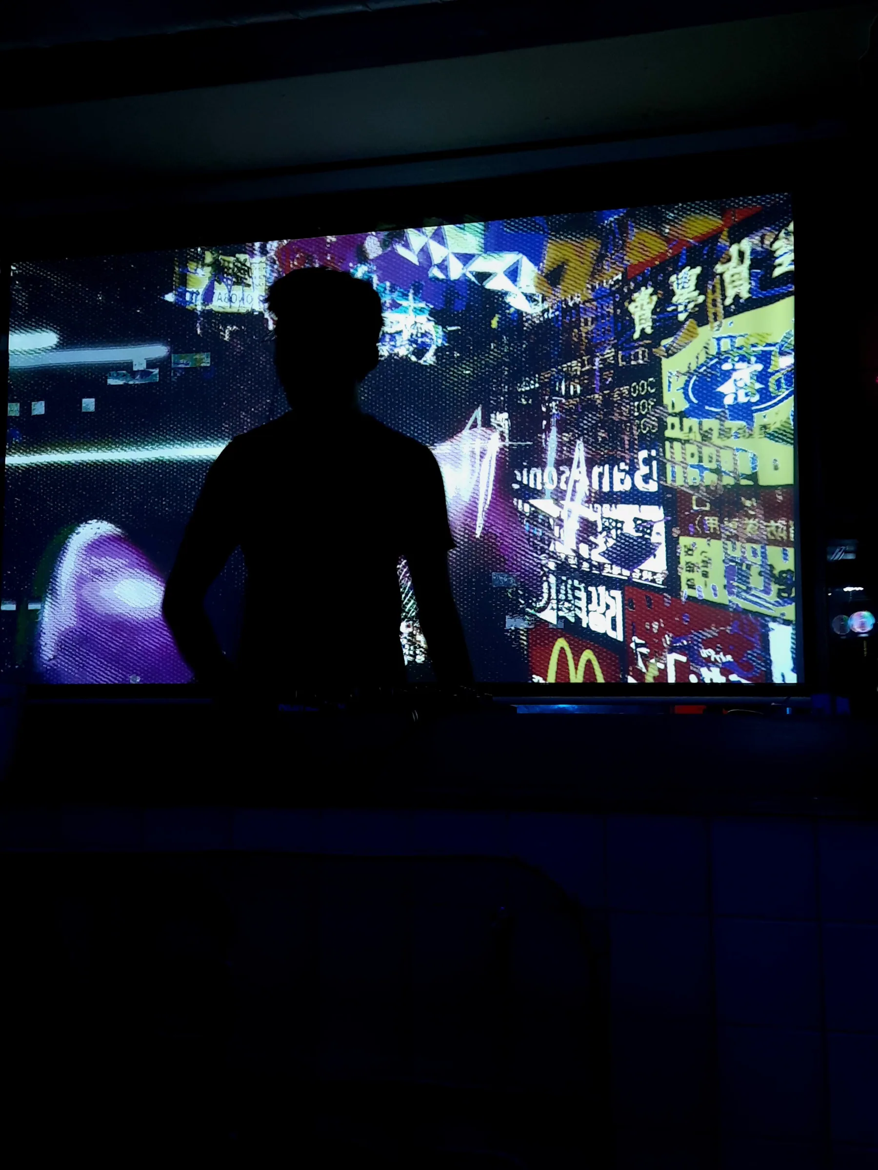 Vertical live visual projection above a performer.
