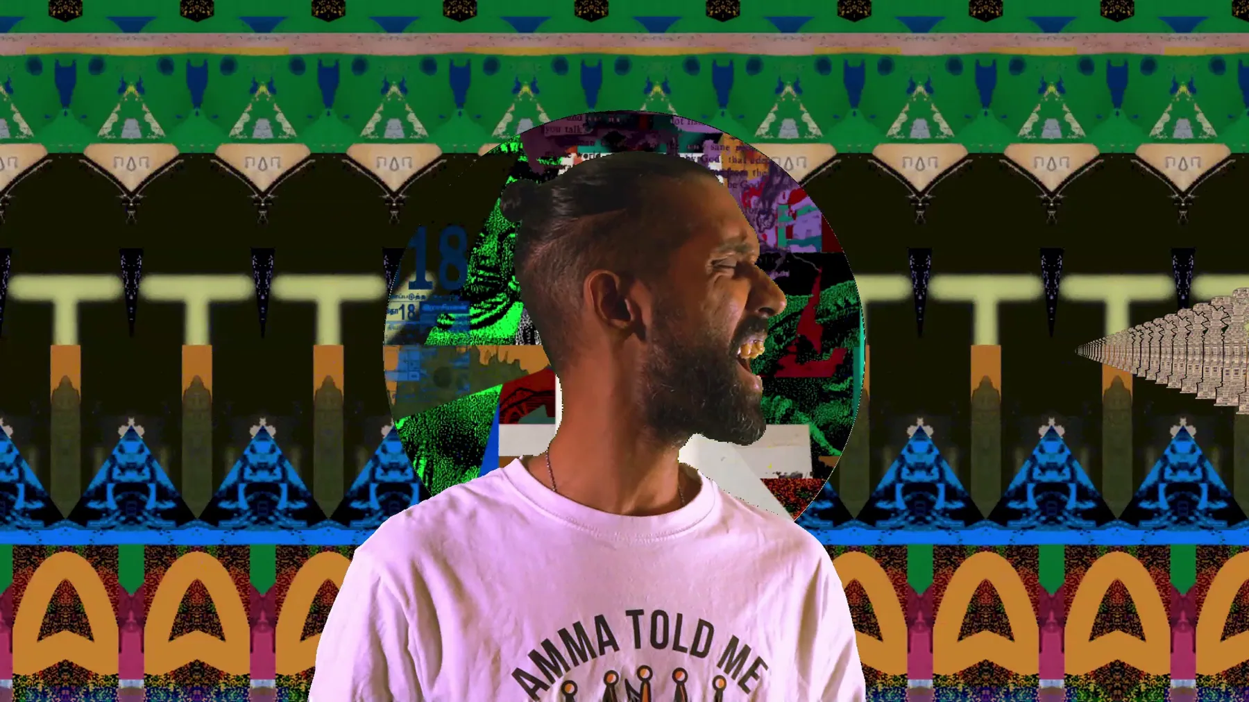 Performer framed by repeating cultural imagery.