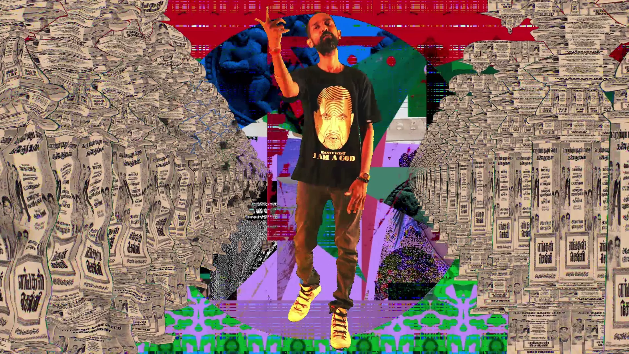 A dancing figure cut into a collage of newsprint and glitched colour.