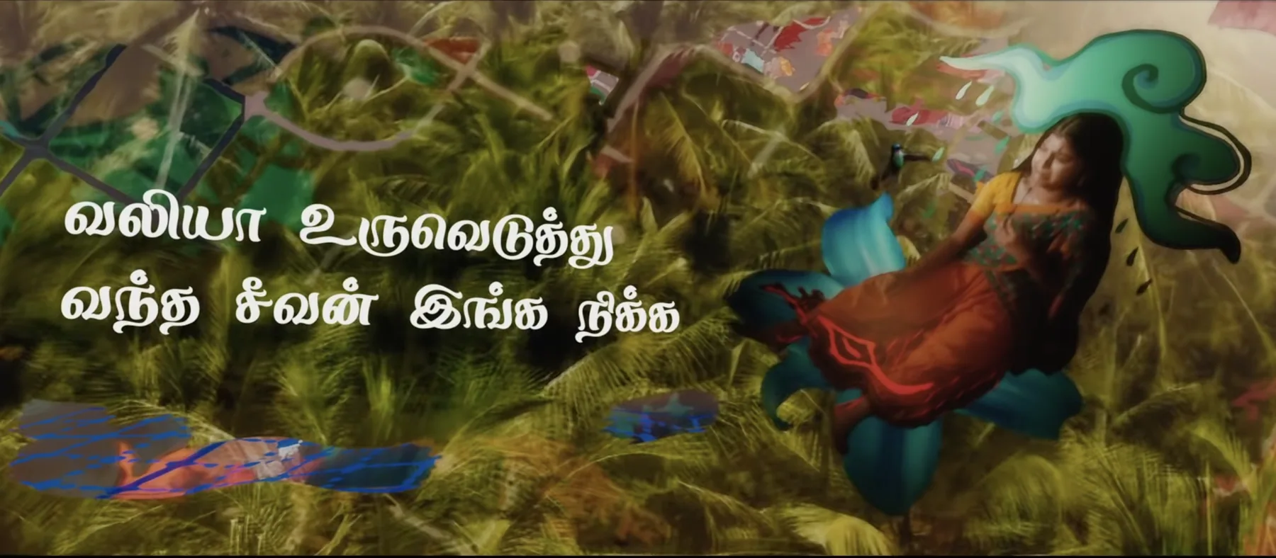 A woman reclining in a green field, her form trailing into painted foliage.