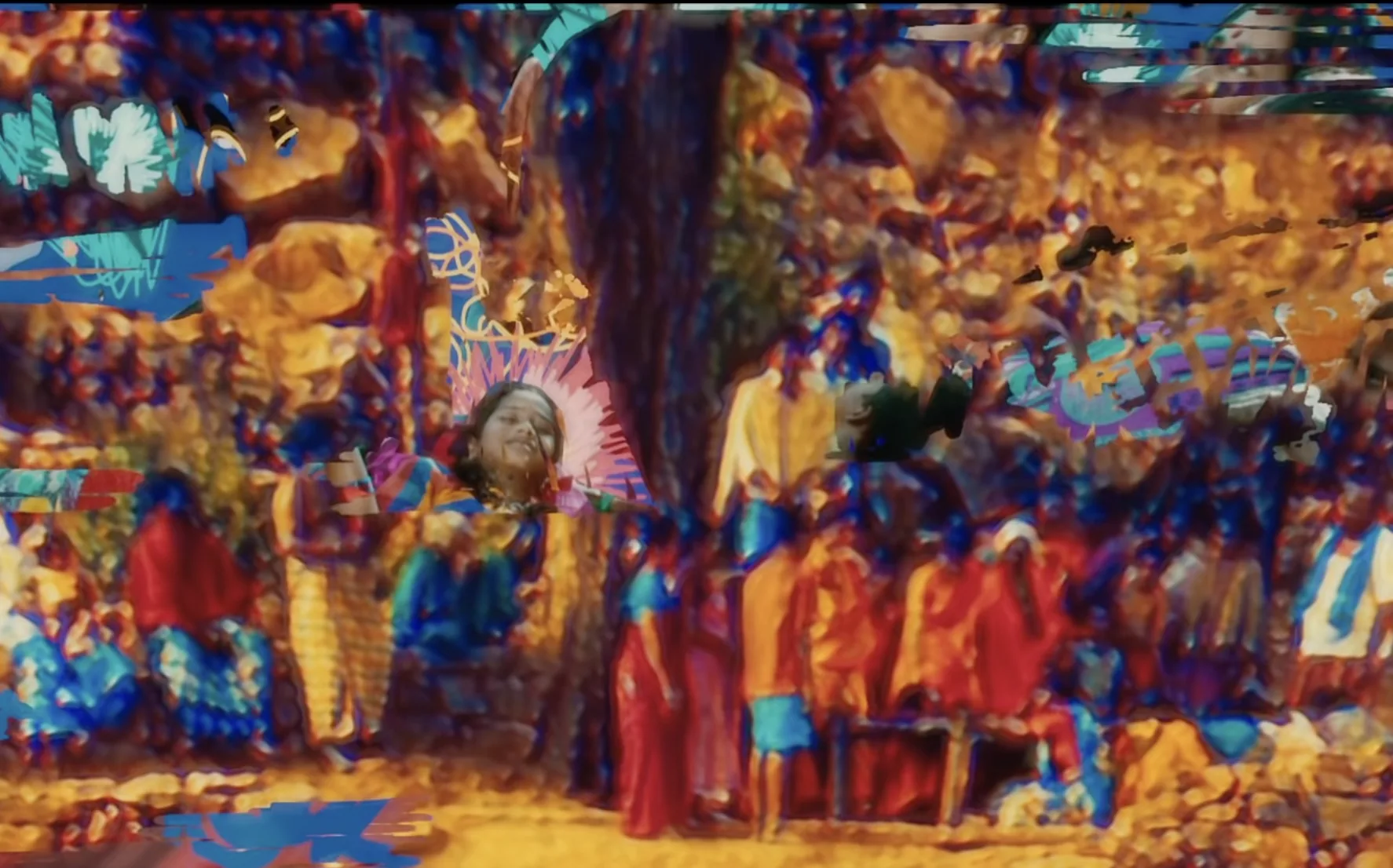 A crowd gathered beneath a large tree in a golden painted scene.