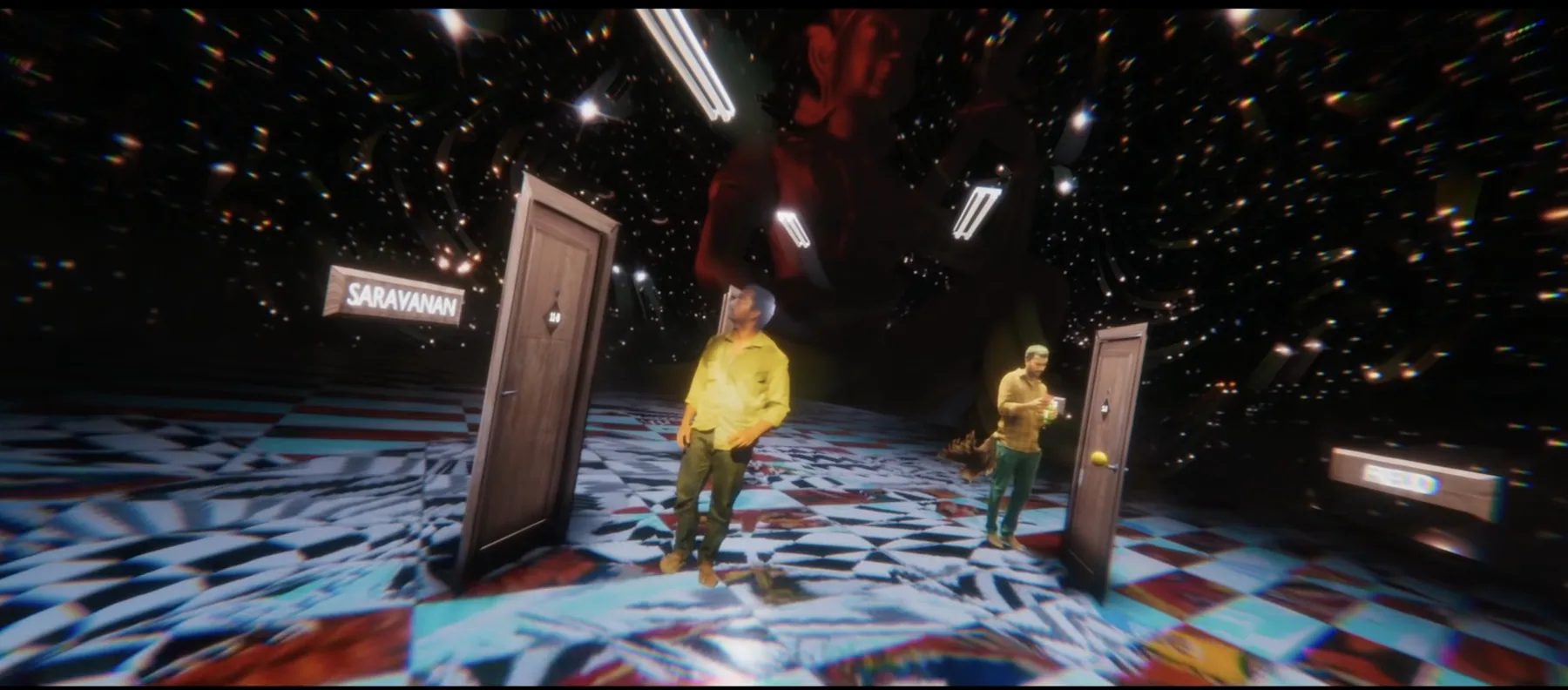 Two figures beside doorways on a chequered floor suspended in a starfield.