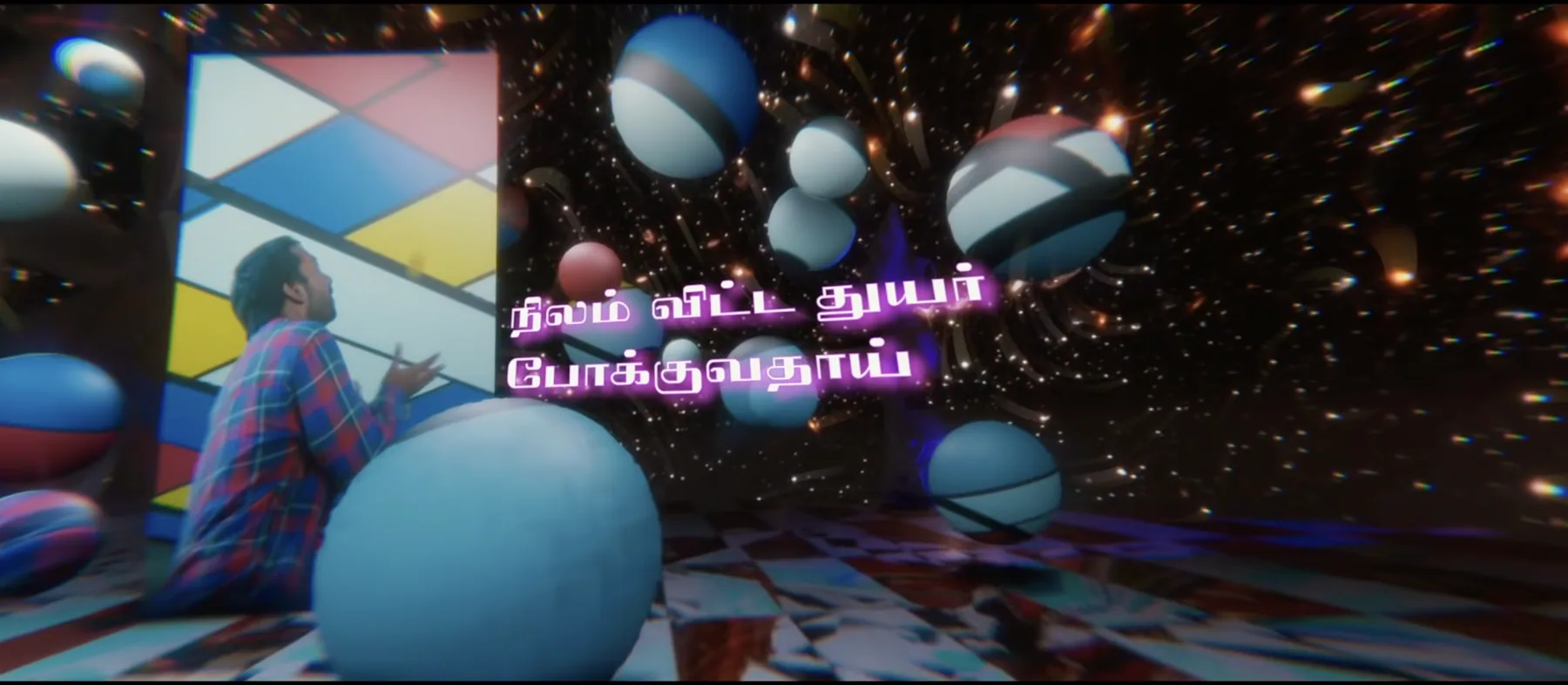 A man painting a panel among floating blue spheres.