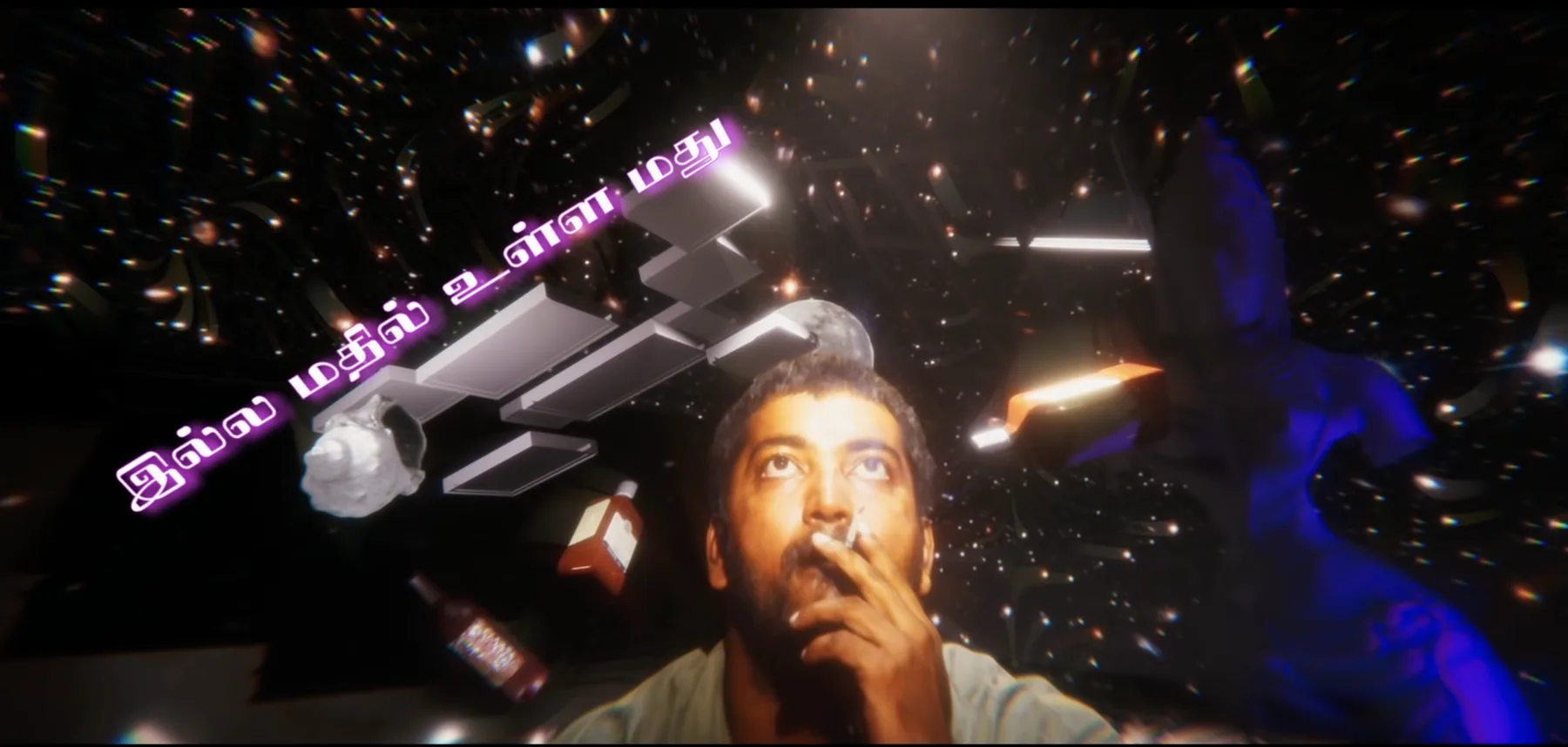 A man smoking as debris drifts past him through space.