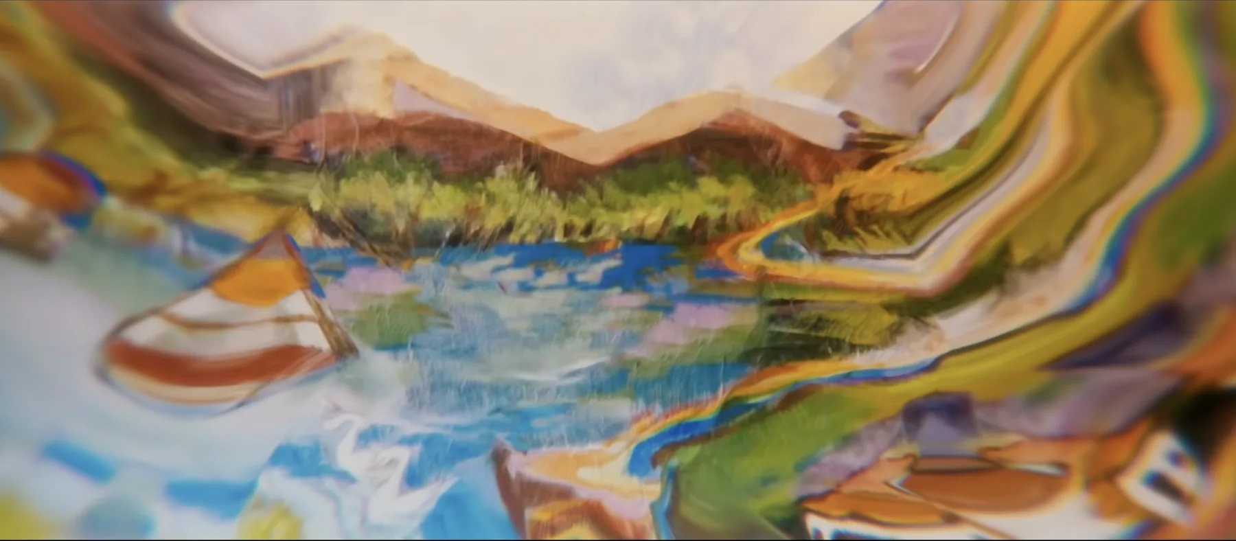 A painted river landscape with a boat, bent around the virtual set.
