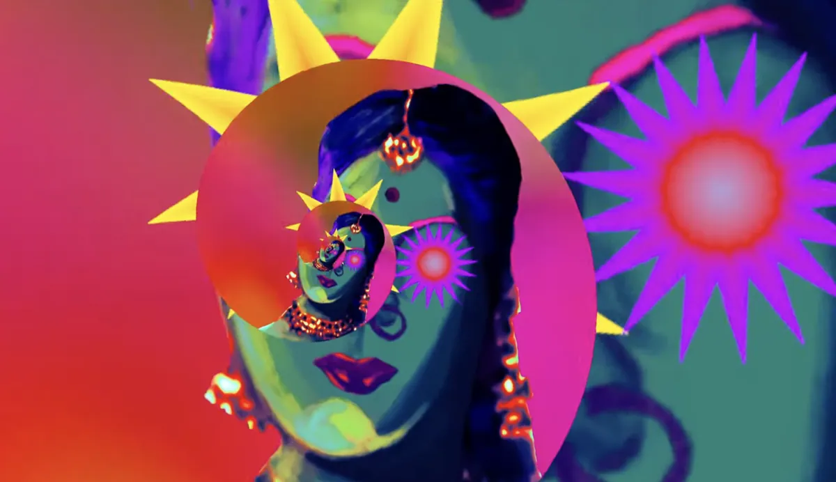 A recursive painted portrait inside a vivid liminal landscape.